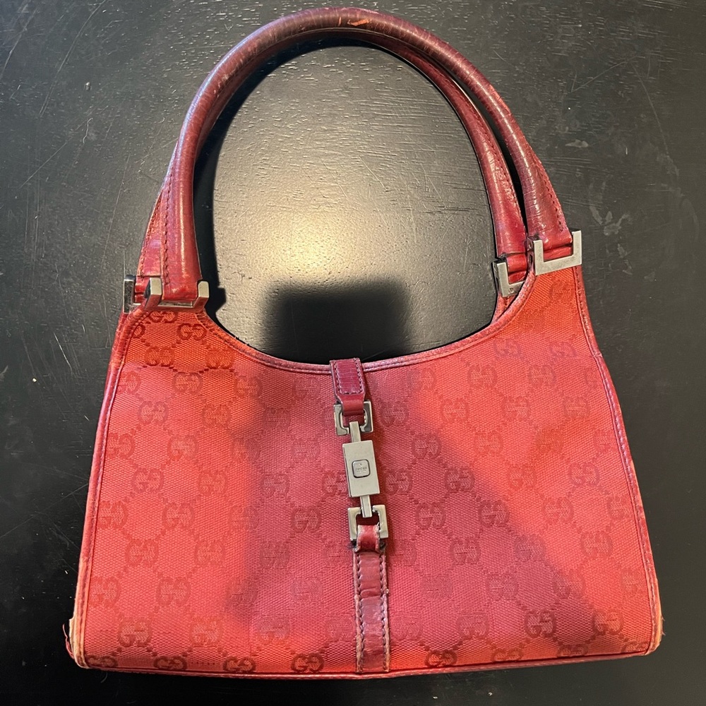 Gucci Gg Monogram Red Canvas Hobo Bag Small Shoulder Bag Going Out Sling Purse